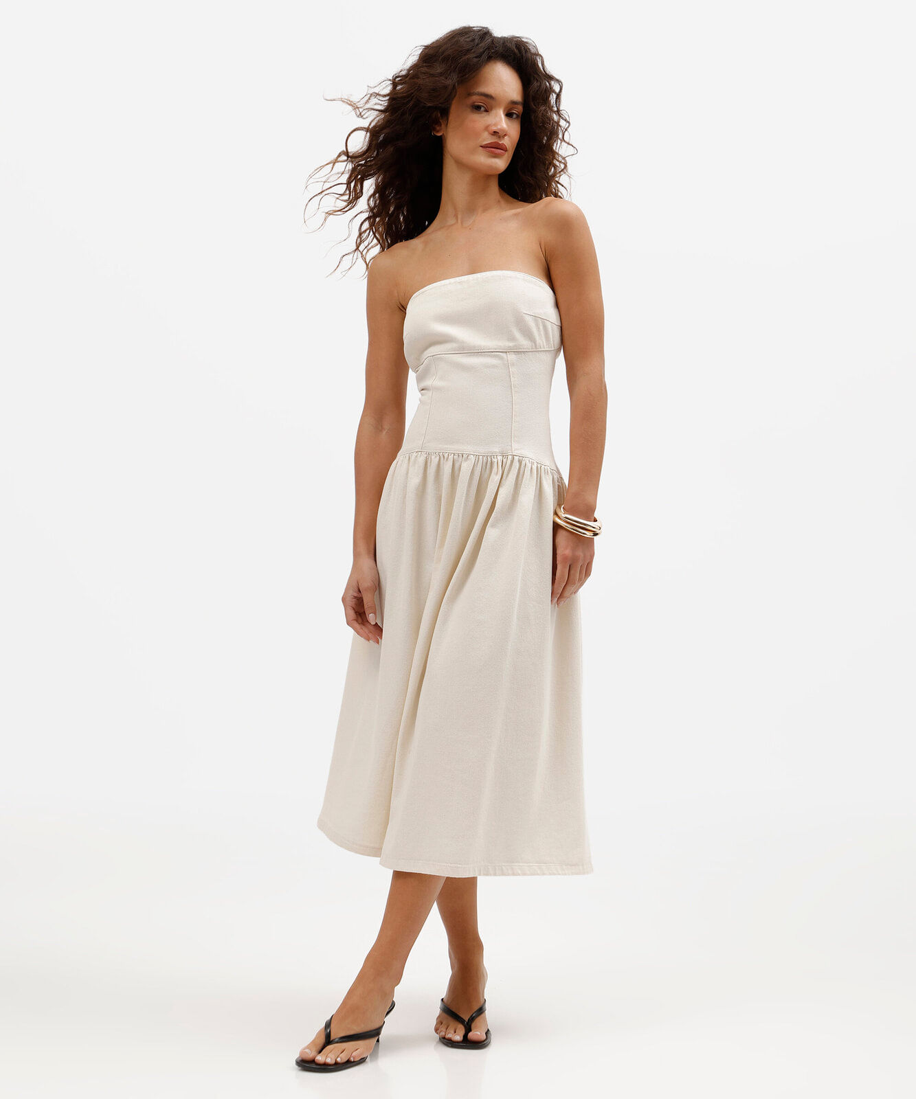 vestido midi feminino de sarja sem alça off white