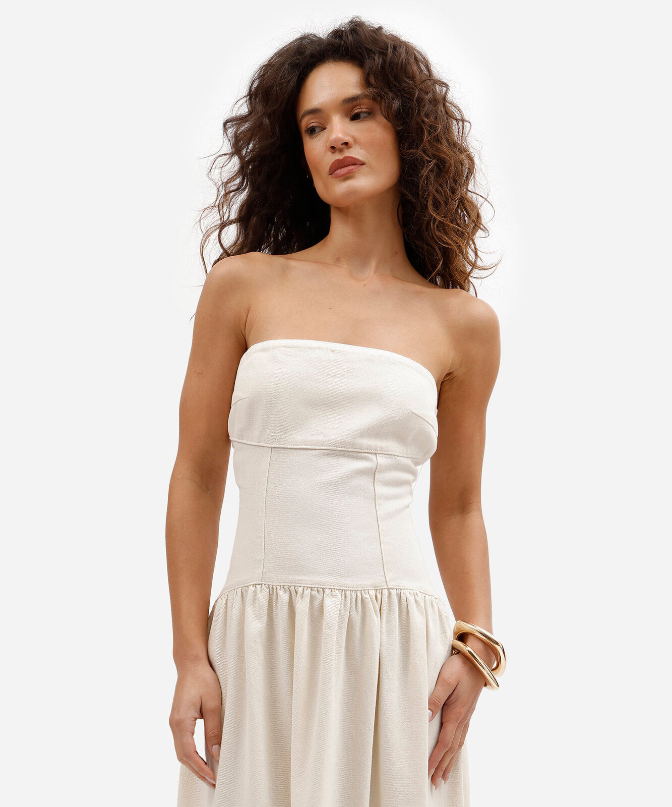 vestido midi feminino de sarja sem alça off white