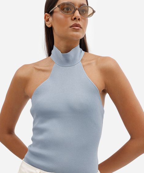 blusa feminina de tricot frente única gola alta azul