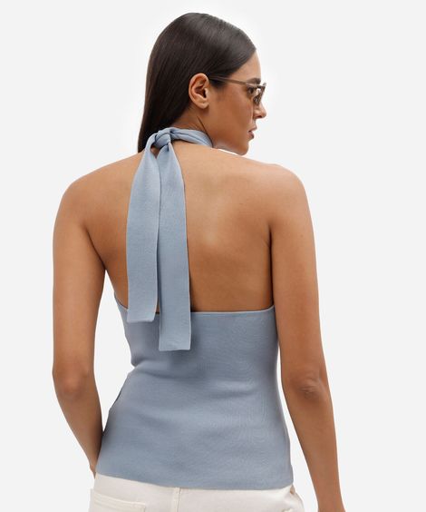 blusa feminina de tricot frente única gola alta azul