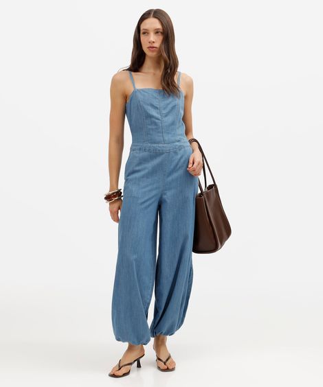macacão aladim feminino jeans alça fina azul