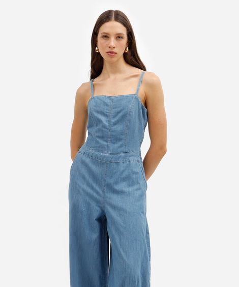 macacão aladim feminino jeans alça fina azul