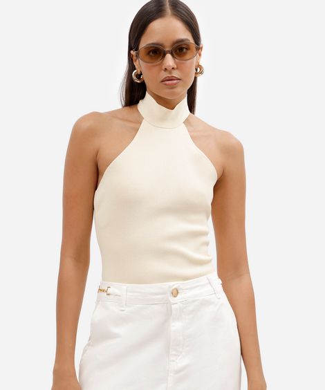 blusa feminina de tricot frente única gola alta bege