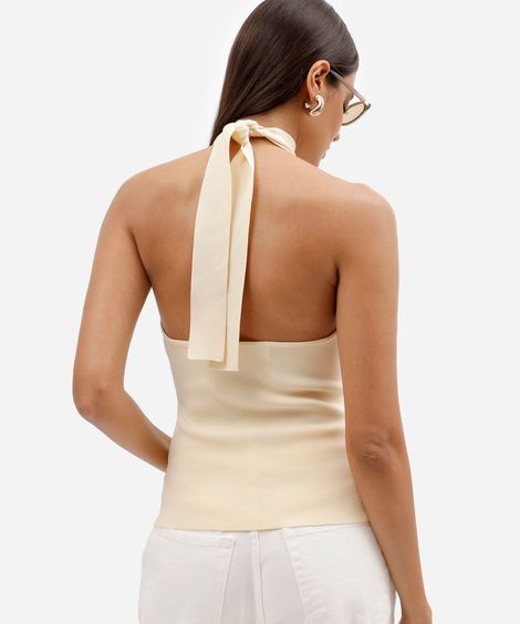 blusa feminina de tricot frente única gola alta bege
