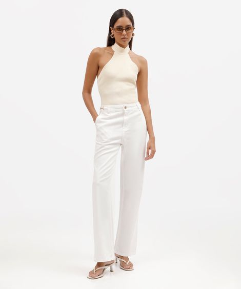 calça wide leg slim feminina de sarja cintura alta off white