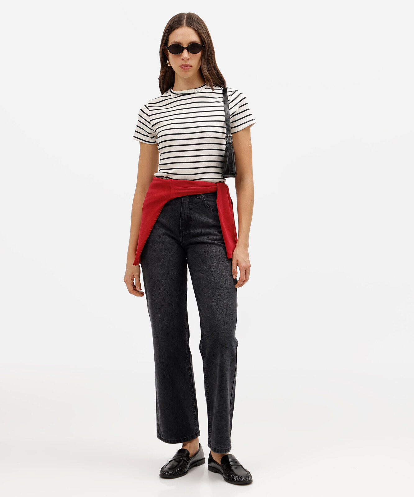 calça wide leg slim petit feminina jeans cintura alta preta