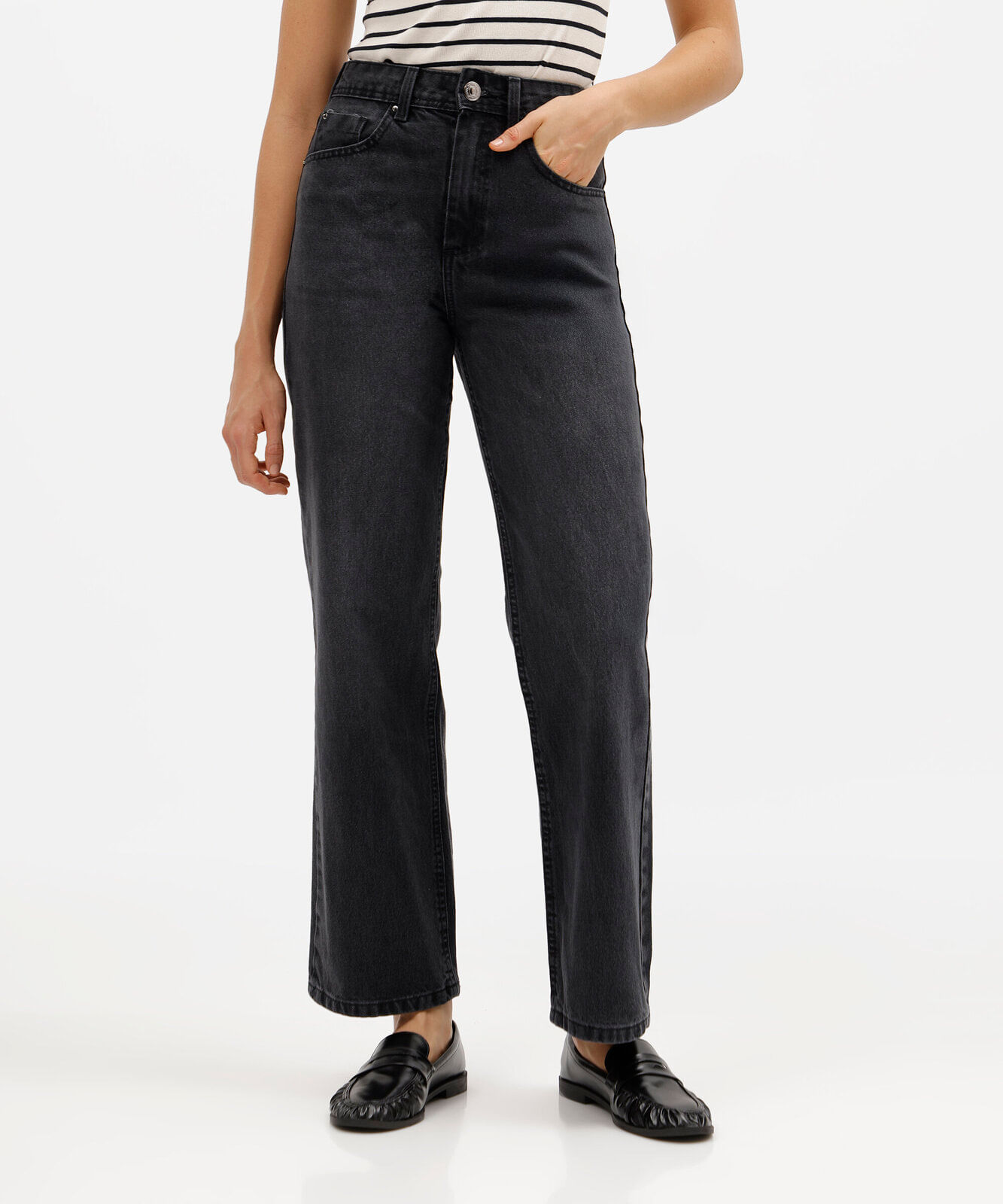 calça wide leg slim petit feminina jeans cintura alta preta