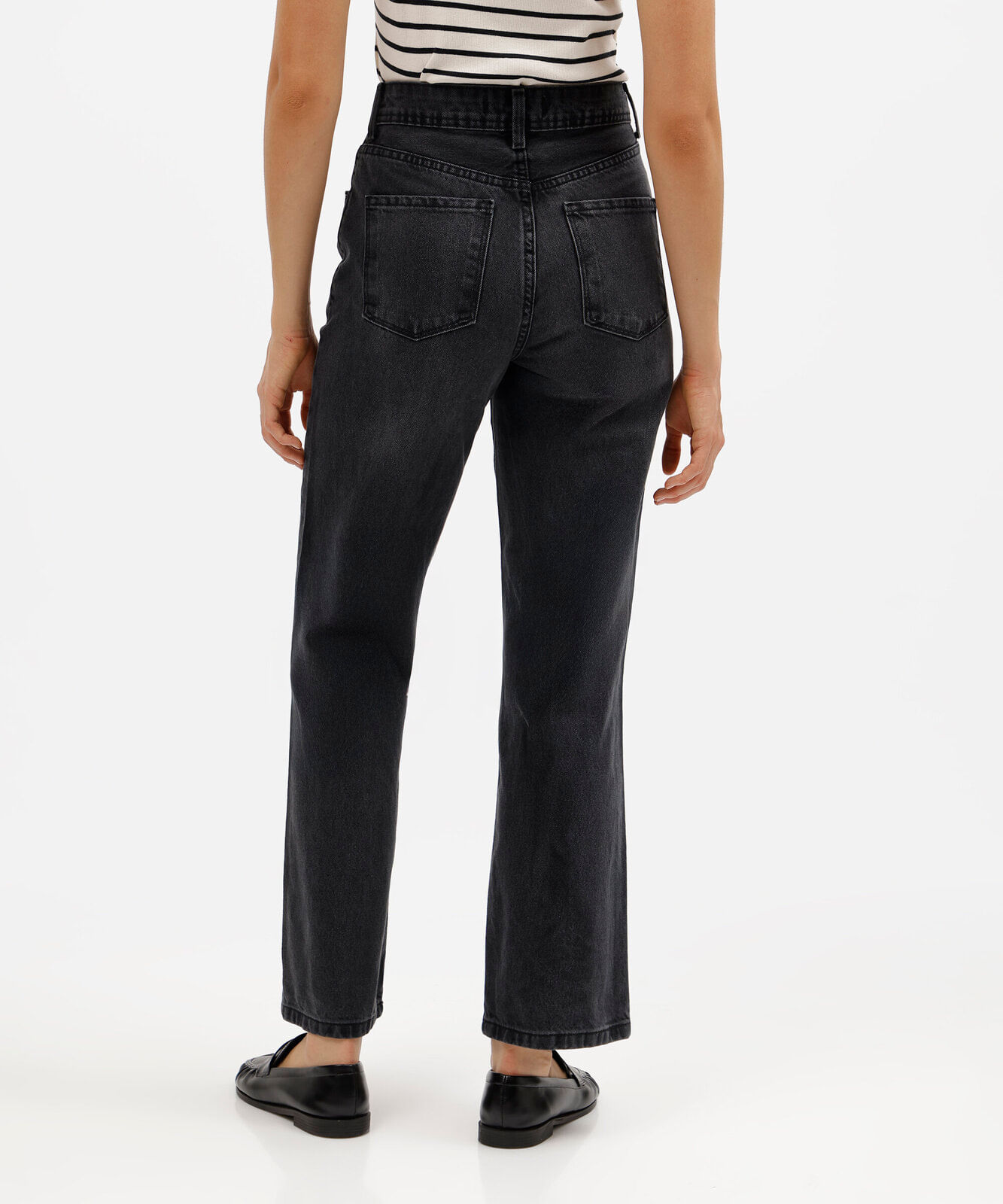 calça wide leg slim petit feminina jeans cintura alta preta