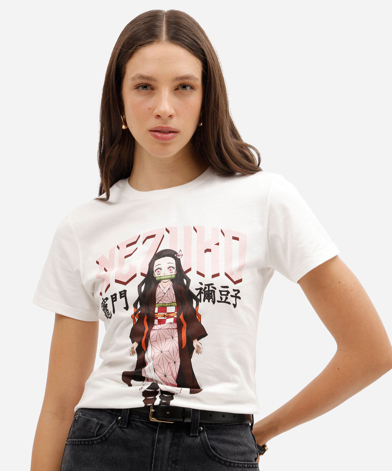 camiseta feminina de algodão manga curta demon slayer off white