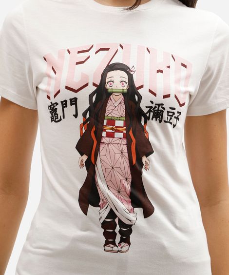 camiseta feminina de algodão manga curta demon slayer off white