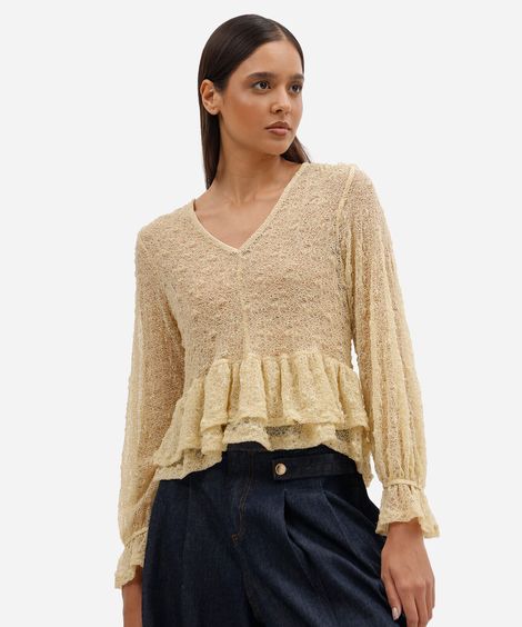 bata feminina de renda decote v manga longa com babado bege