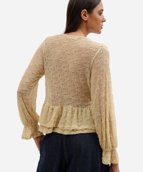 bata feminina de renda decote v manga longa com babado bege