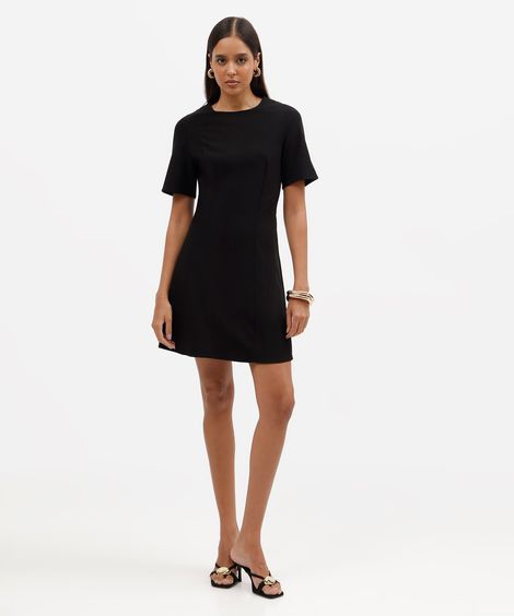 vestido curto evasê feminino com viscose manga curta preto