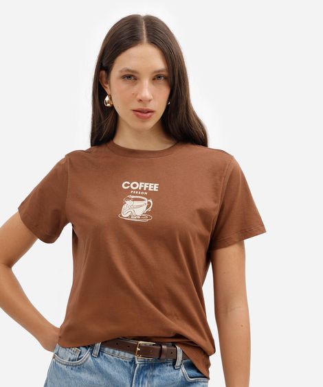 camiseta feminina de algodão manga curta estampada básica marrom