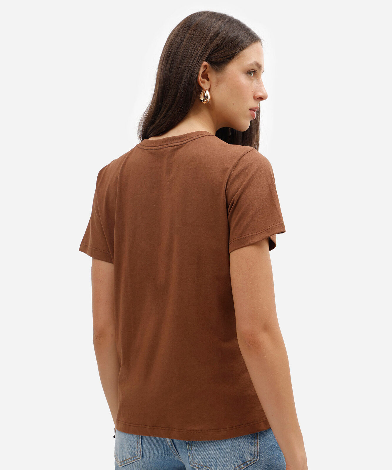 camiseta feminina de algodão manga curta estampada básica marrom