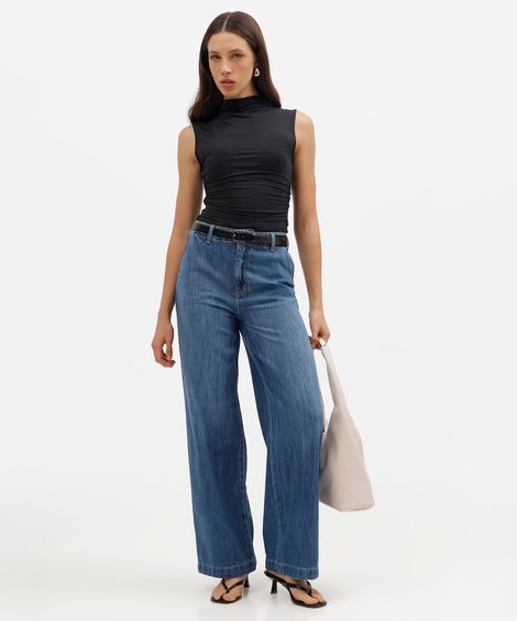 calça wide leg slim feminina jeans cintura alta azul
