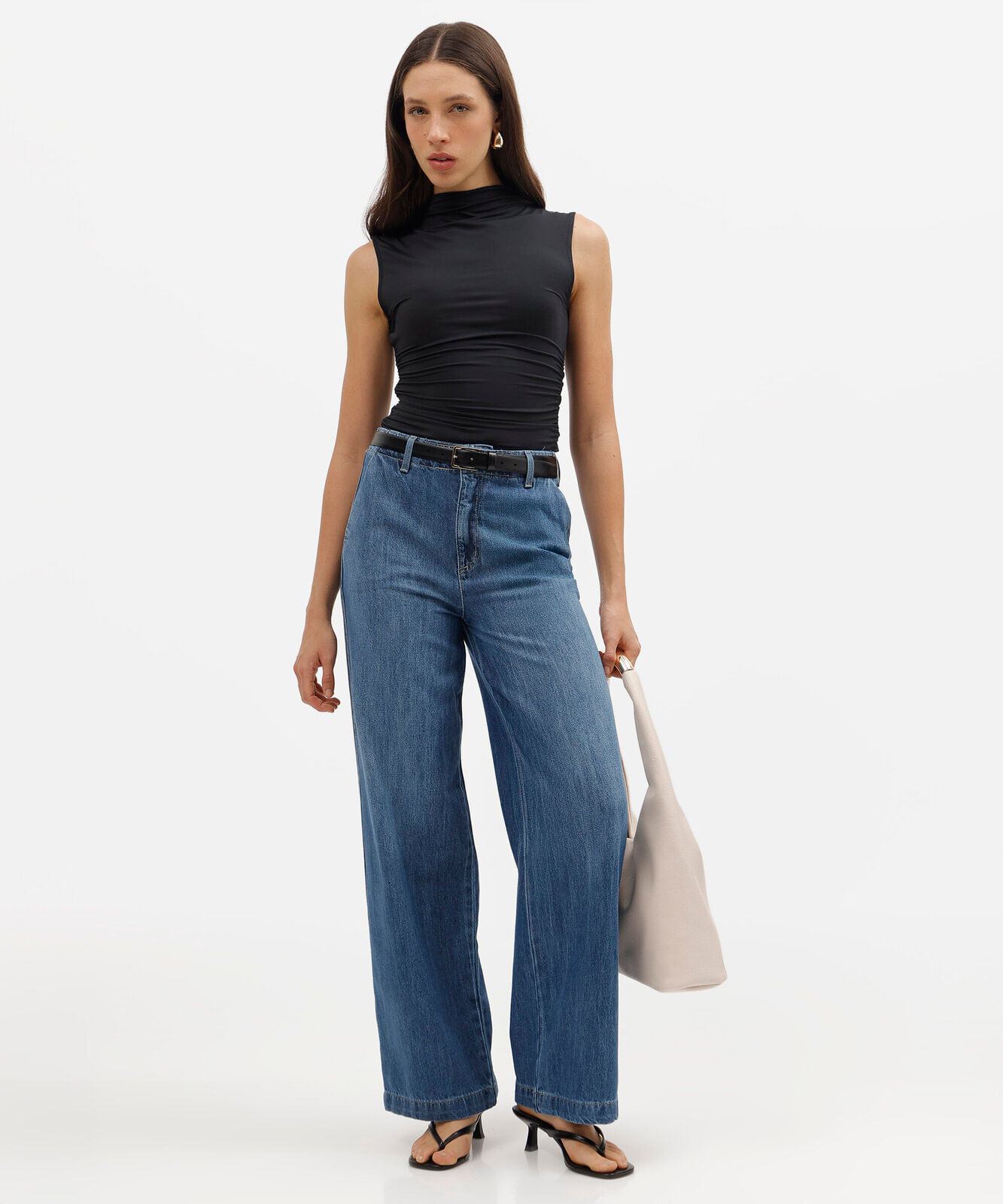 calça wide leg slim feminina jeans cintura alta azul