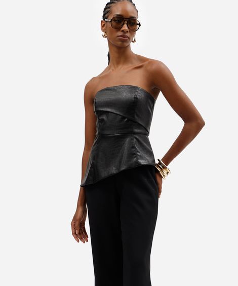 macacão flare feminino sem alças croco preto