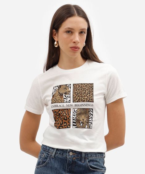 camiseta feminina de algodão manga curta animal print básica off white