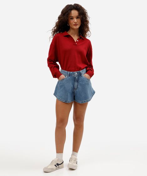 short feminino jeans cintura alta azul