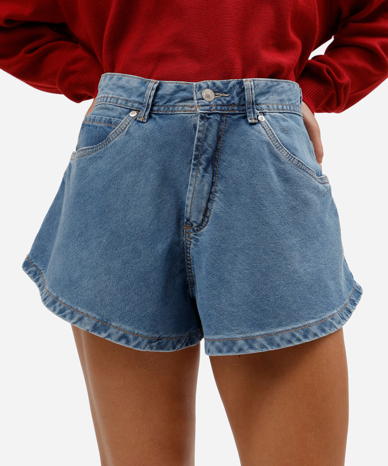 short feminino jeans cintura alta azul