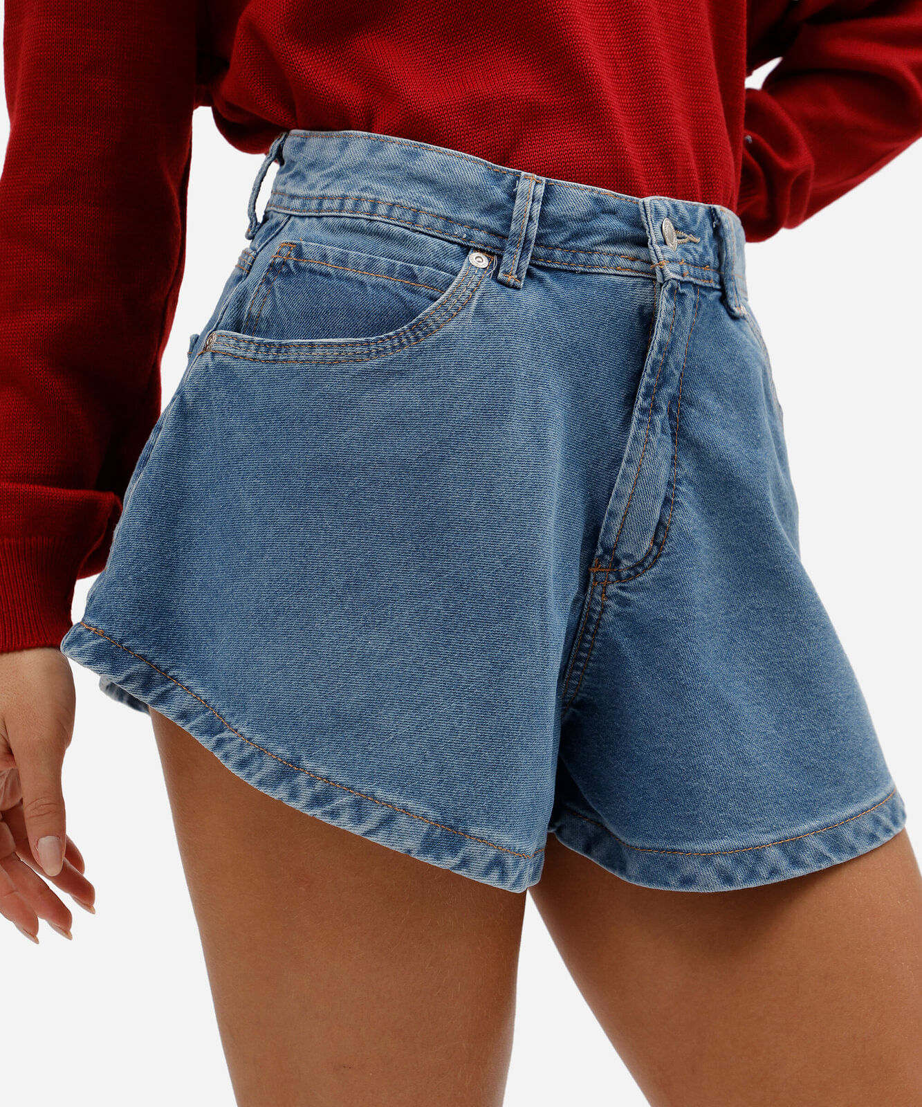 short feminino jeans cintura alta azul