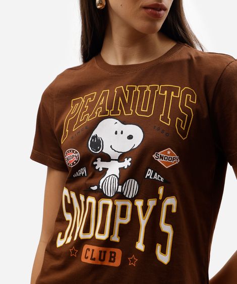 camiseta feminina de algodão manga curta snoopy marrom