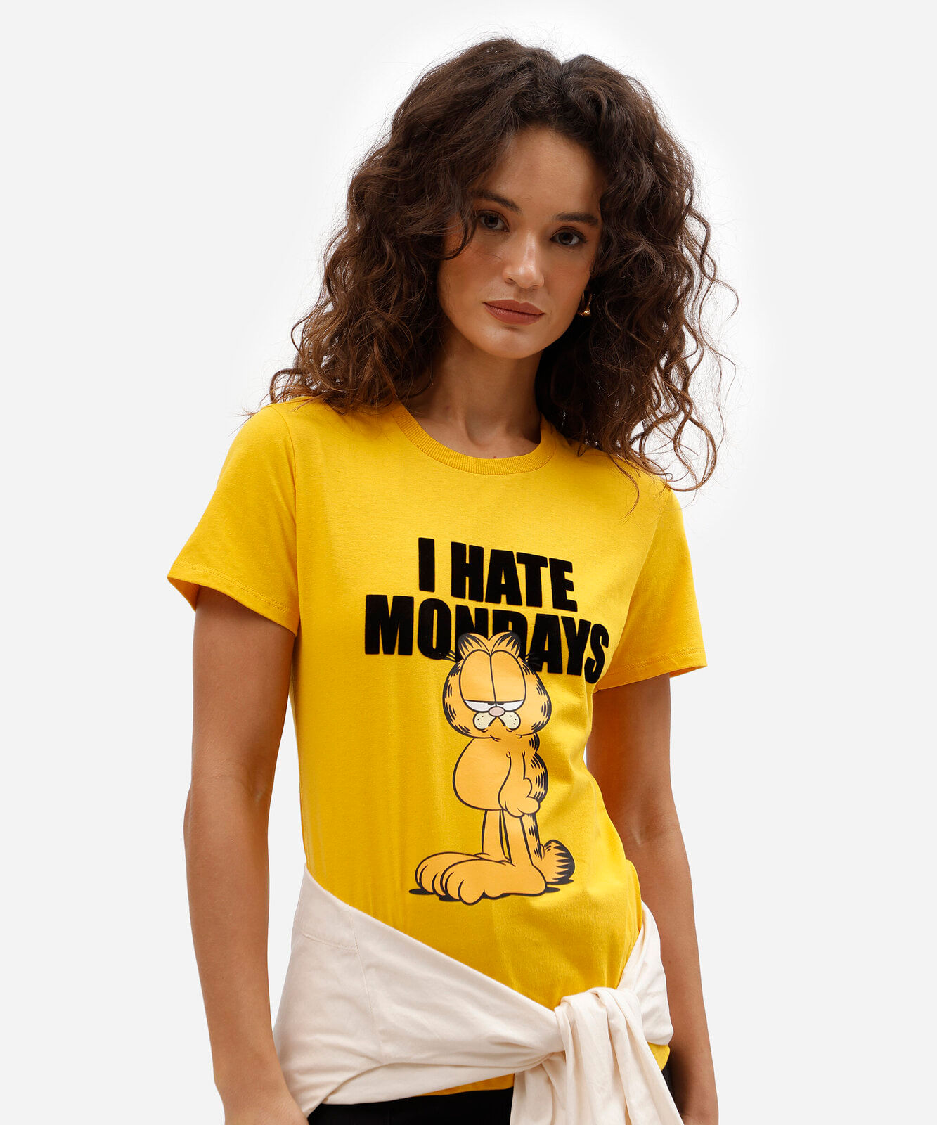 camiseta feminina de algodão estampada garfield amarela