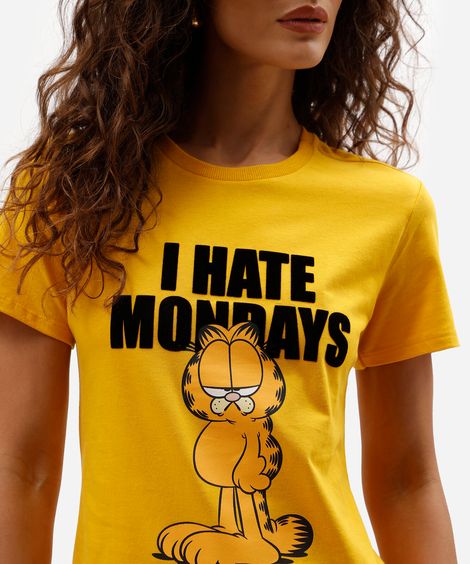 camiseta feminina de algodão estampada garfield amarela