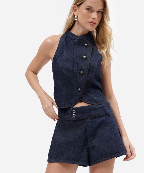 short curto feminino jeans cintura média azul