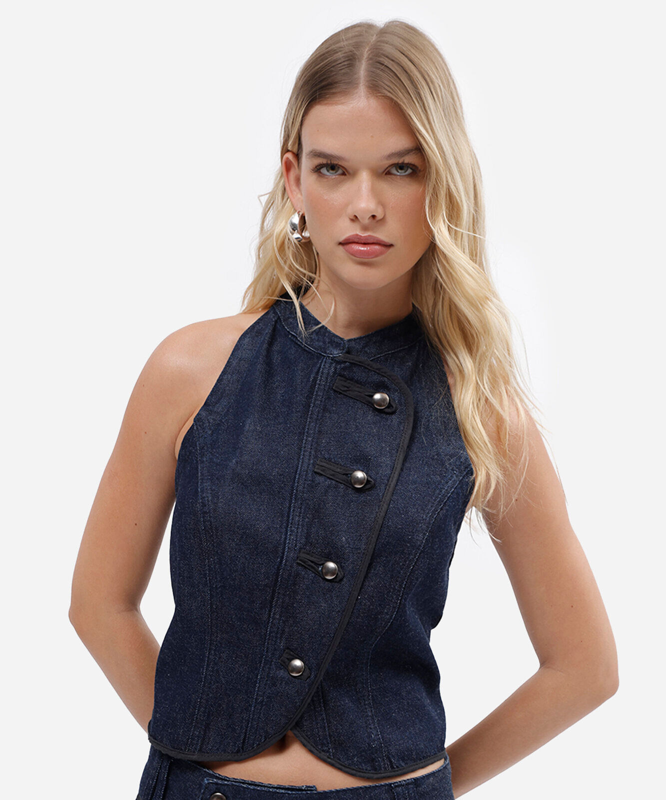 colete feminino jeans transpassado azul