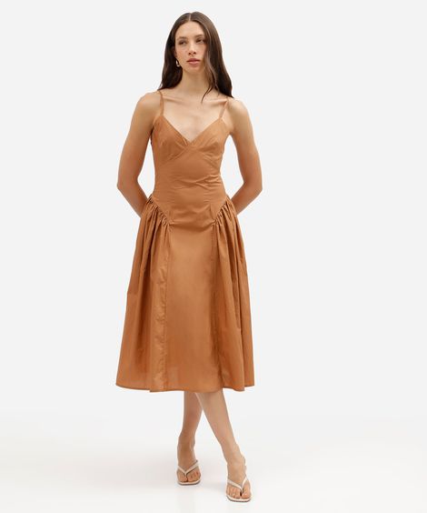 vestido midi alça fina feminino de algodão franzido marrom