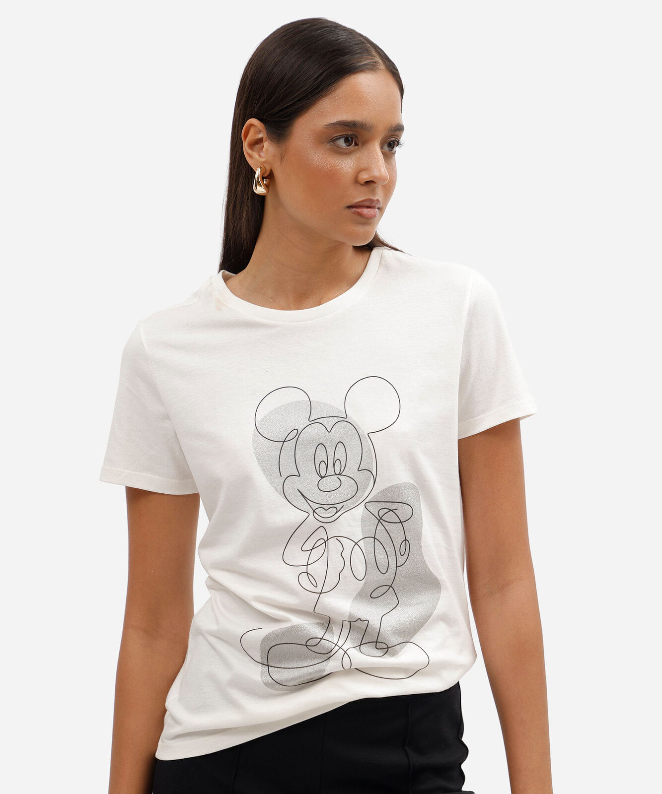 camiseta feminina de algodão manga curta mickey mouse off white