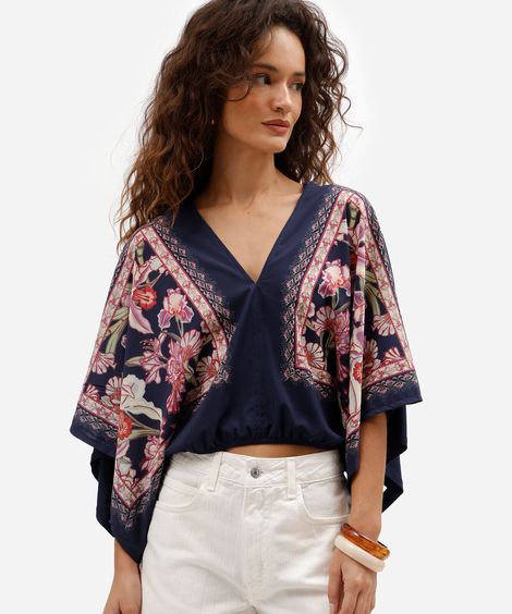 bata feminina com viscose decote v floral azul
