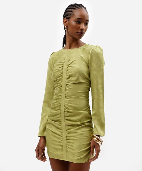 vestido curto feminino de jacquard manga longa franzido floral verde