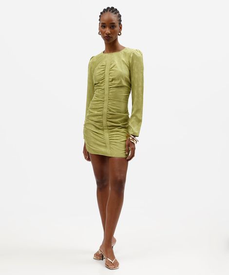 vestido curto feminino de jacquard manga longa franzido floral verde