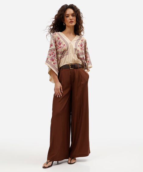 bata feminina com viscose decote v floral bege