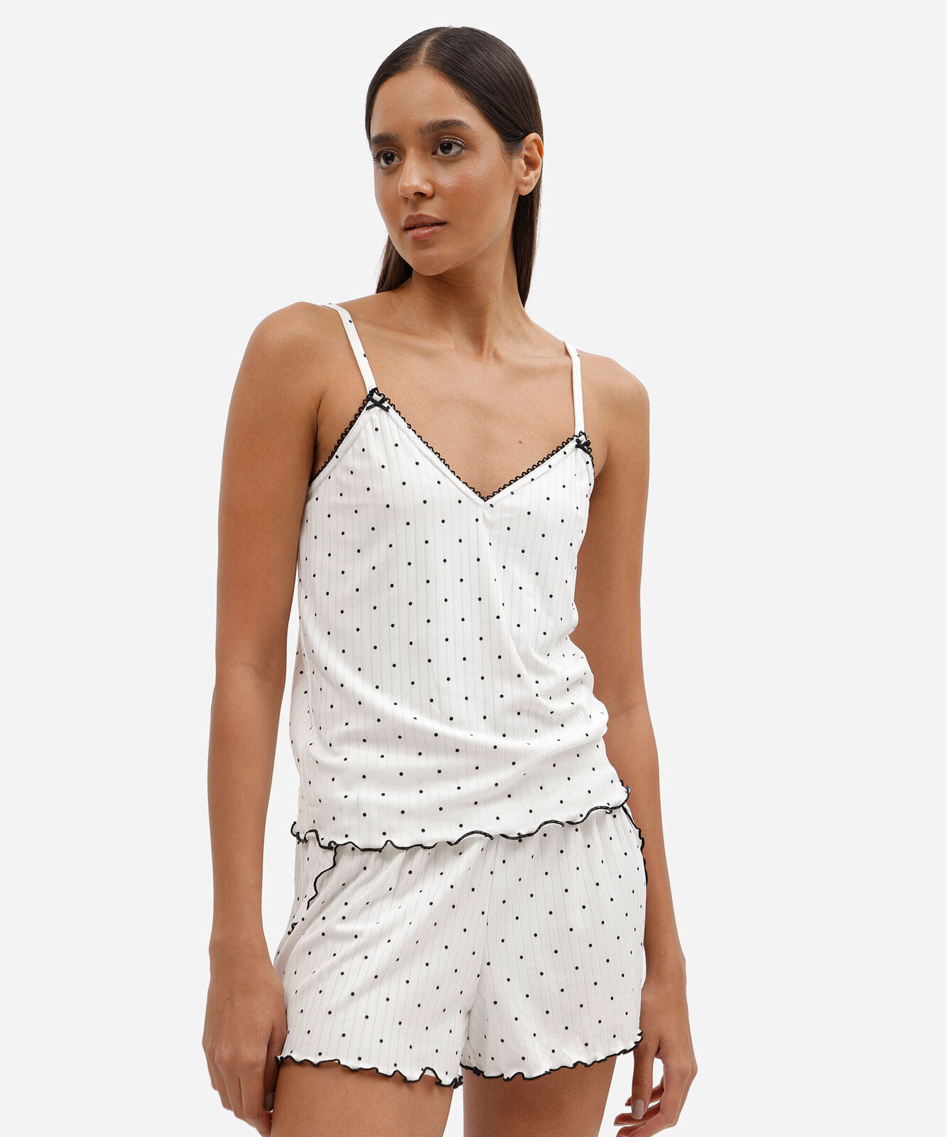 pijama short doll feminino canelado poá off white