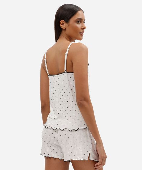 pijama short doll feminino canelado poá off white