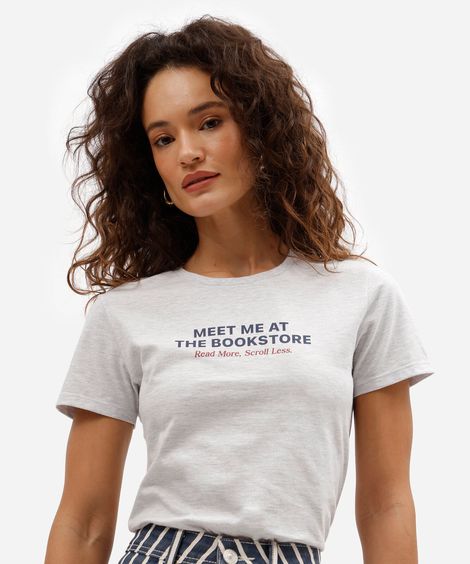 camiseta slim feminina com algodão manga curta estampada básica cinza