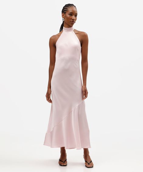 vestido midi feminino halterneck com recorte acetinado rosa