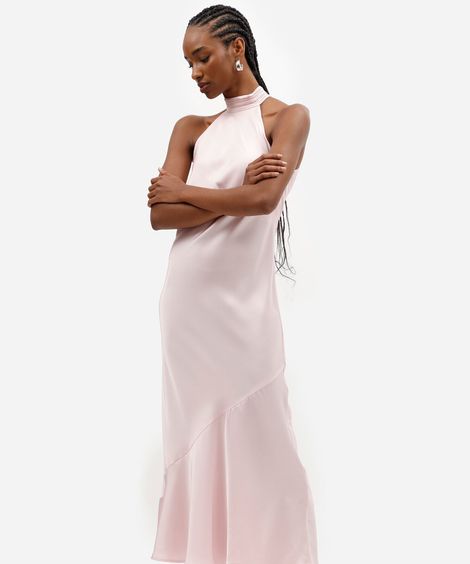 vestido midi feminino halterneck com recorte acetinado rosa
