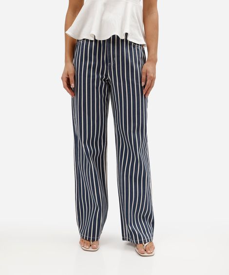 calça wide leg slim petit feminina de sarja cintura alta listrada azul
