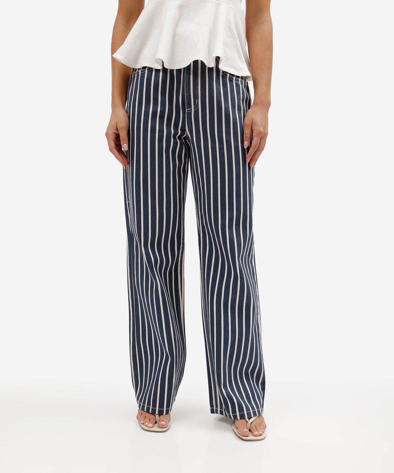calça wide leg slim petit feminina de sarja cintura alta listrada azul