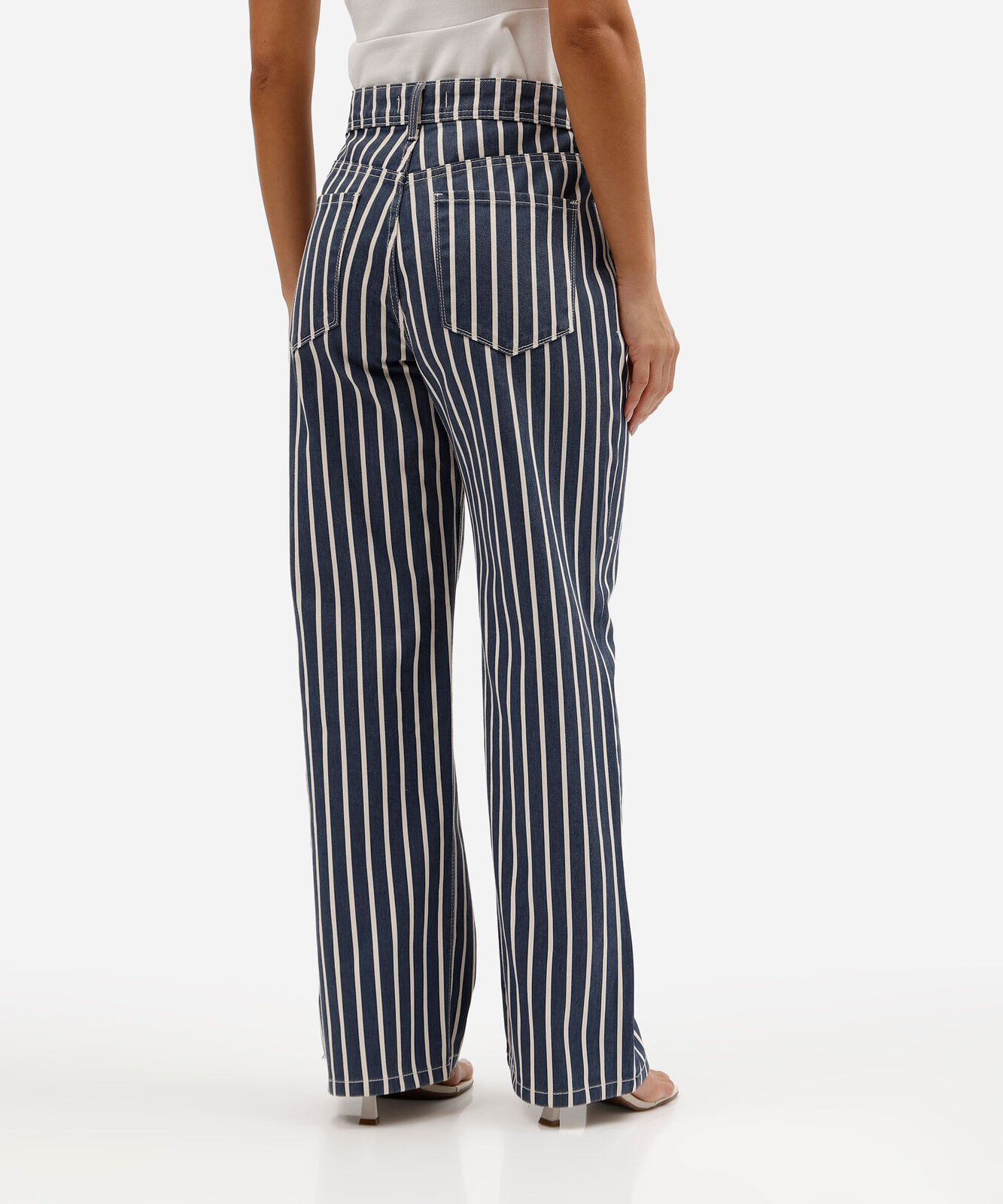 calça wide leg slim petit feminina de sarja cintura alta listrada azul