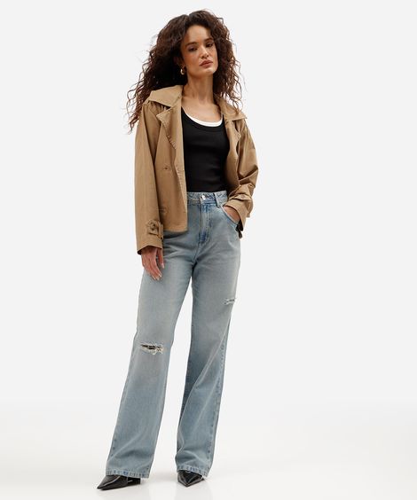 calça wide leg slim feminina jeans cintura alta destroyed azul