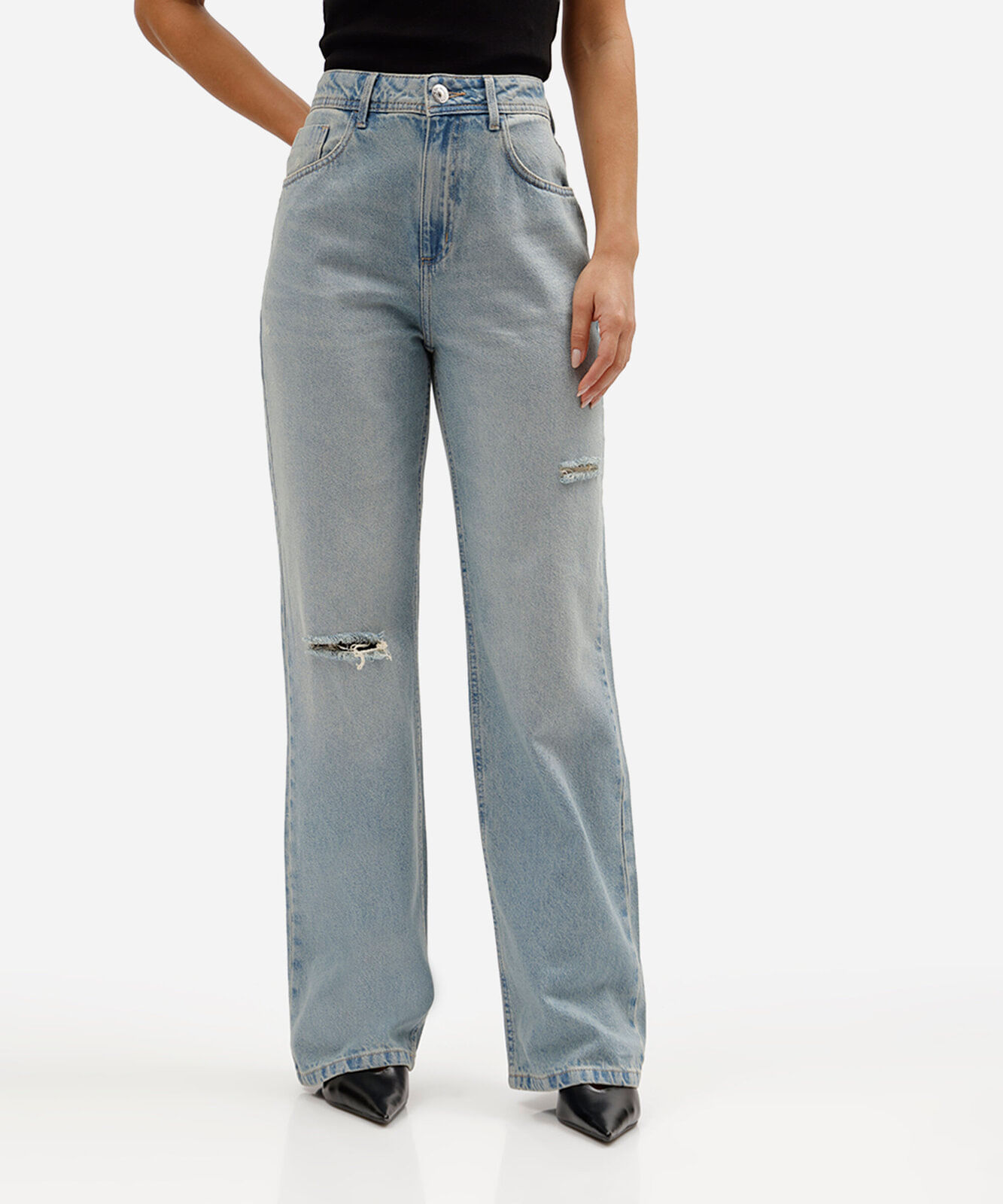 calça wide leg slim feminina jeans cintura alta destroyed azul