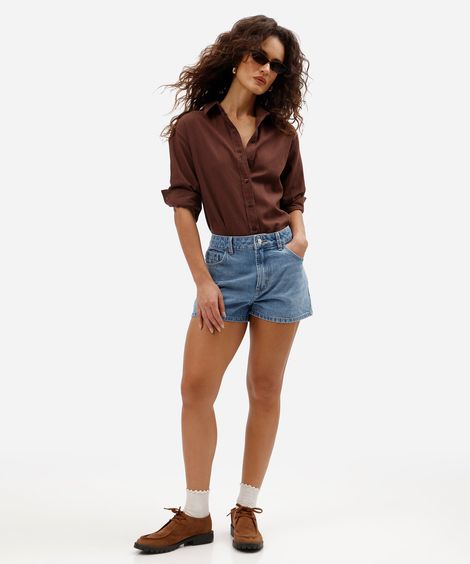 short boy feminino jeans cintura média azul