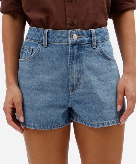 short boy feminino jeans cintura média azul