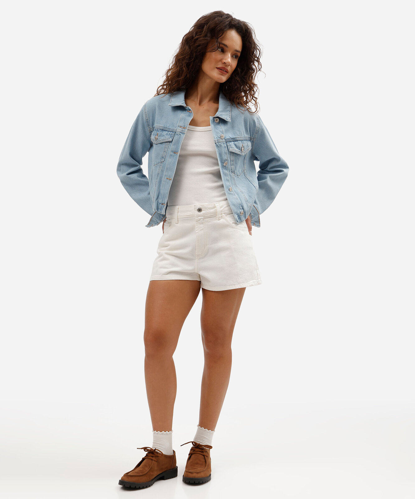 short boy feminino de sarja cintura média off white